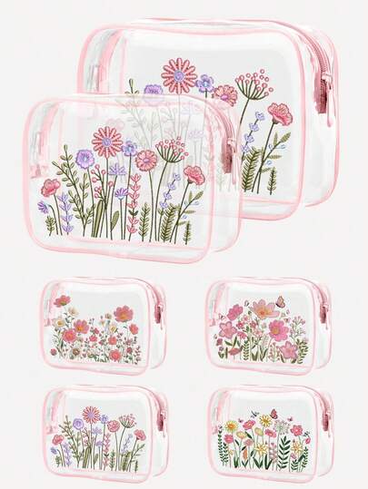 Transparent Floral Pattern Toiletry Bag - 2D Flat, Travel Essential, 2D Embroidery-Like Pattern, Zipper Closure Portable Transparent PVC Toiletry Bag, Waterproof Storage Pouch, Transparent Storage Bag, Cable And USB Port Storage Bag, PVC Cosmetic Bag Meets Airport Aviation Standards, Can Store Medicines, Medical Supplies, Etc.