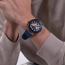Guess Giles GW0211G1 Men's Silver Stainless Steel Quartz Casual Watch, Silver, Quartz Movement - Navy Blue - View 2