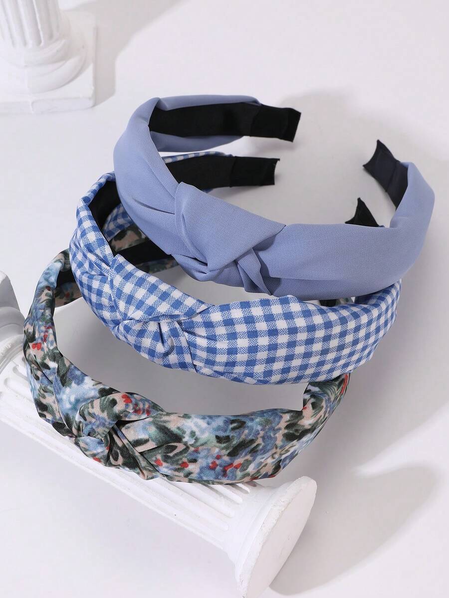 Bộ 3 phụ kiện dành cho nữ, băng đô cài tóc họa tiết hoa kẻ caro xanh dương tối giản, thanh lịch, phù hợp cho sử dụng hàng ngày, lễ hội, mùa xuân/hè, tiệc tùng. - Nhiều màu - Xem 1