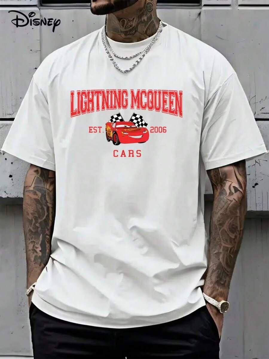 Disney A Lightning Mcqueen Men'S Graphic T-Shirt - Summer Short-Sleeve LooseBreathable Round-Neck Tee Featuring An I'M Lightning Mcqueen' PrintAnd Checkered Flag - Adult Casual Black Top, T-Shirt - White - View 1