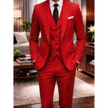 Men's Slim Fit White 3pcs Suit Notch Lapel Formal Suit Set Blazer Vest Pants For Wedding Guest Graduation Party - 紅色 - 查看 17