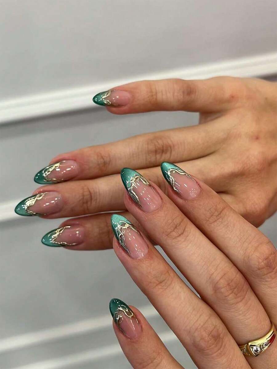 24pcs Nude Pink Glossy Medium Almond False Nails Set, Fresh Green French Cat Eye, Makes You Sparkle, With Irregular Gold-Plated Lines, Ideal For Daily Summer Wear - Green - View 1