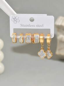 6pcs/Set Elegant Zirconia Small Hoop Earrings, Stainless Steel, Suitable For Daily Wear (Random Crystal Quantity) - Gold 874 - View 25
