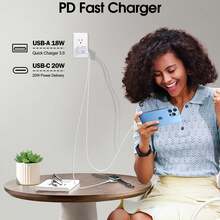 USB-C墙充，20W耐用双口QC+PD 3.0快充适配器，双快充插头，兼容 14/15/16/17 Pro/Pro Max/Plus、XS/XR/X、 Series 8/7，紫色 - 淡紫色 - 查看 5