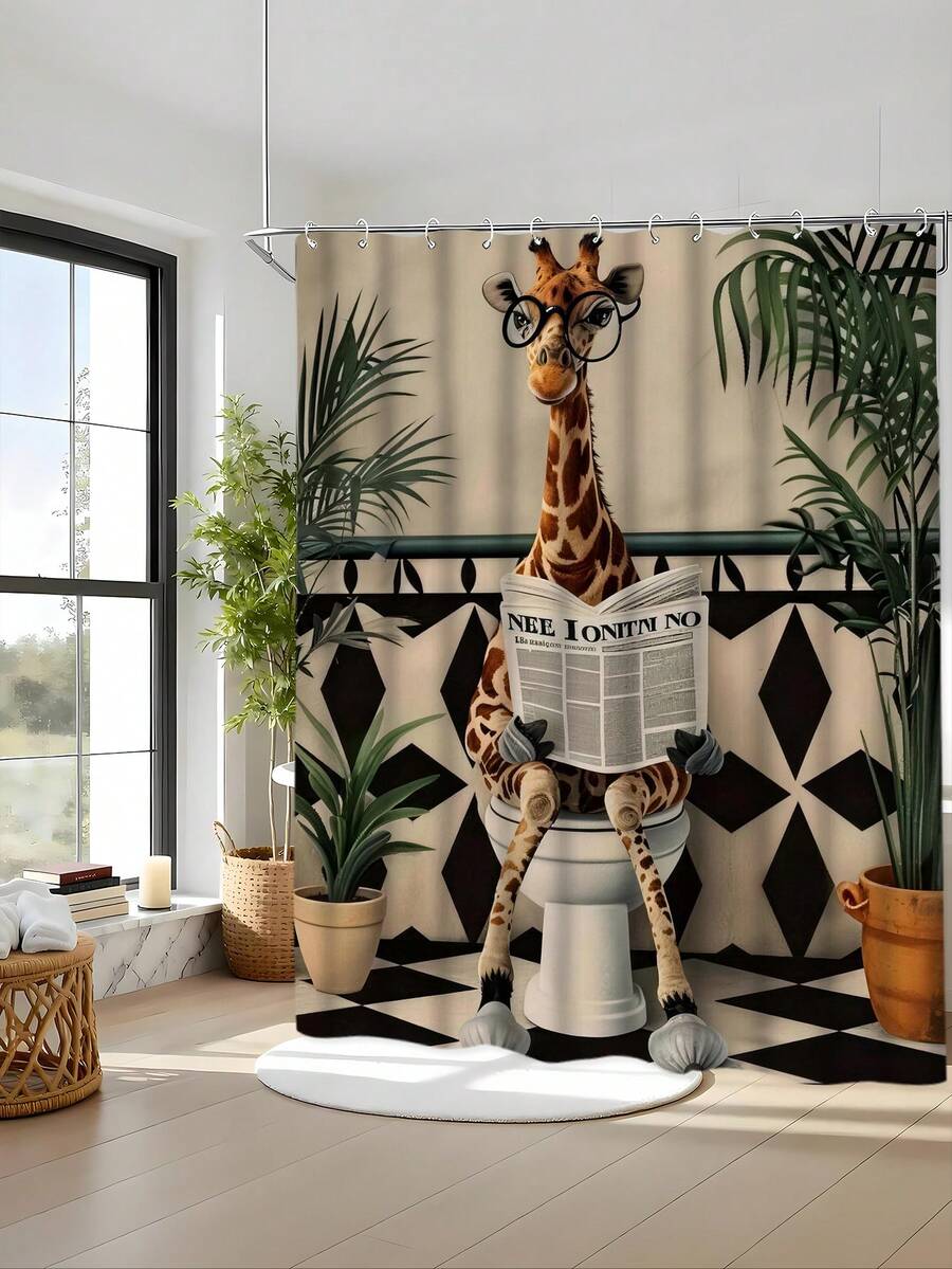 1/4件套蹲伏长颈鹿卡通印花防水浴帘套装，包含12个挂钩、防滑垫、U型垫和圆形马桶盖套，加厚涤纶材质，解决浴室积水问题 - A - 查看 1