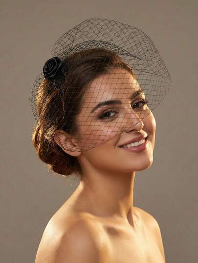 1件缎面玫瑰网纱鸟笼面纱，适合新娘婚礼、婚纱摄影道具、派对茶道头饰，配有鳄鱼夹。