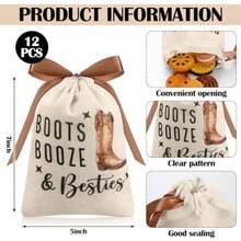 12 Pcs Boots Booze And Besties Hangover Kit Bags Nashville Bachelorette Party Favor Bag 5"X7" Reusable Muslin Drawstring Hangover Bag For Western Themed Bridal Shower Country Wedding Party - màu trắng chính - Xem 3