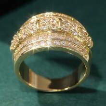 1枚镶嵌优雅立方氧化锆的闪亮戒指 - 奢华宽版设计，适合婚礼、日常场合和派对，四季皆宜，展现日常优雅 | 闪耀戒指 - 金色 - 查看 4