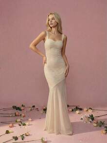 Women's Elegant Stretch Mesh & Lace Ruched Fitted Long Party Evening Dress, Suitable For Daily And Special Occasions, Wedding Party Dress, Wedding Guest Dress, Bridesmaid Dress - Apricot - View 7