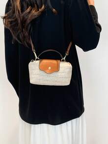 优雅草编手提包，度假包，迷你托特包，饺子包，新月形包，配有可调节肩带，是派对、晚宴、正式活动的理想礼品袋，适合搭配连衣裙，也适合课堂、假期、户外活动、旅行、运动场所等场合，尤其适合女性、女孩和大学生。 - 米色 - 查看 6