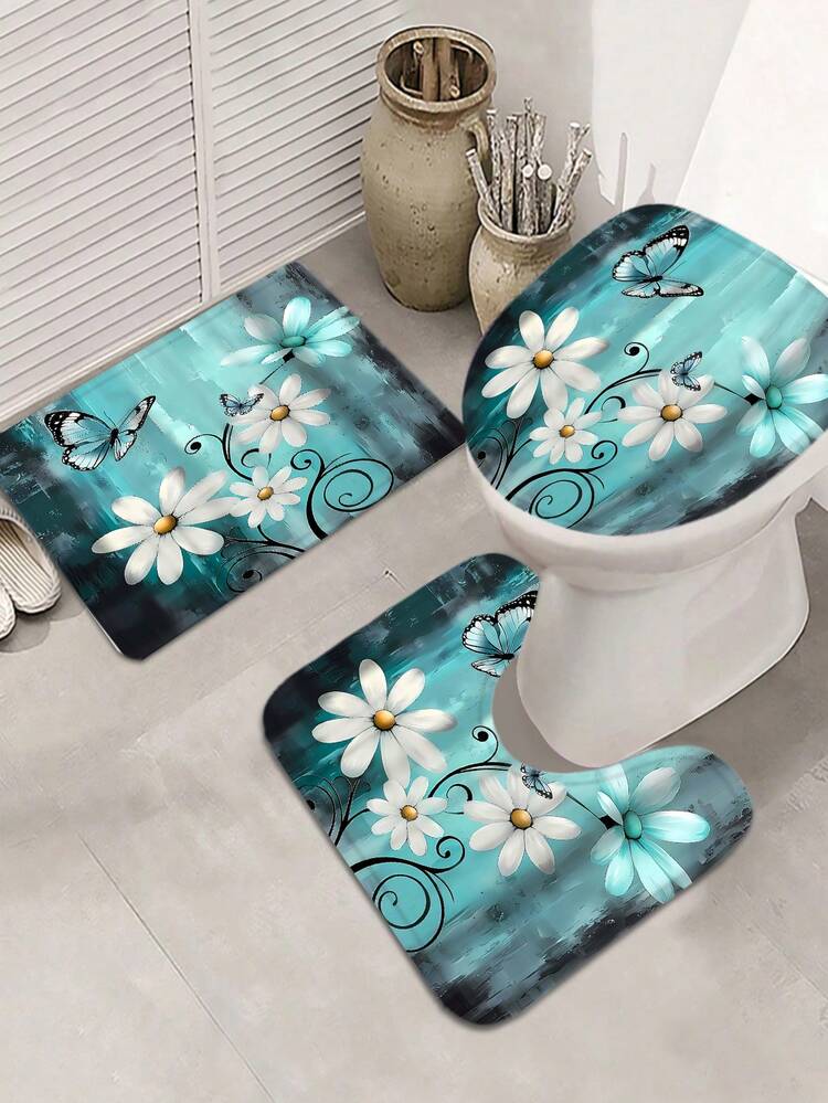 【乡村风淋浴房】4件套乡村农舍风格淋浴帘套装，包含防滑地毯、U型地垫、马桶座套、可机洗淋浴帘（带12个挂钩），乡村木质设计，饰以花卉和蝴蝶图案。 - A - 查看 7