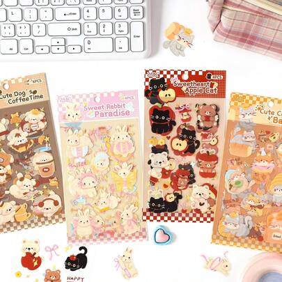 4张防水可爱动物卡通贴纸，剪贴簿贴纸，儿童贴纸，创意贴纸套装，奖励贴纸，派对礼品，生日礼物