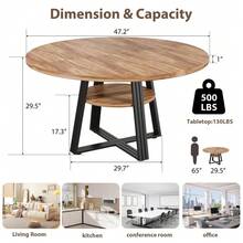 Mesa de comedor redonda para 4-6 personas, mesa de cocina de 119 cm con estante de almacenamiento, mesa de comedor de madera con base metálica para salón, sin sillas - Color de la veta de la madera - Ver 2
