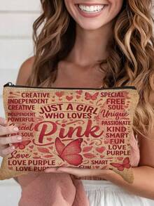 1pc "Just A Girl Who Loves Pink" Printed Cosmetic Bag, Modern Style Polyester Lightweight Travel Organizer - Multicolor - View 2