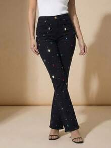 pthirillo Women's Black Flare Jeans With High-Waisted Butt-Lifting Effect And Rhinestone Detail. - 彩色水鑽和水鑽混合物 - 查看 1