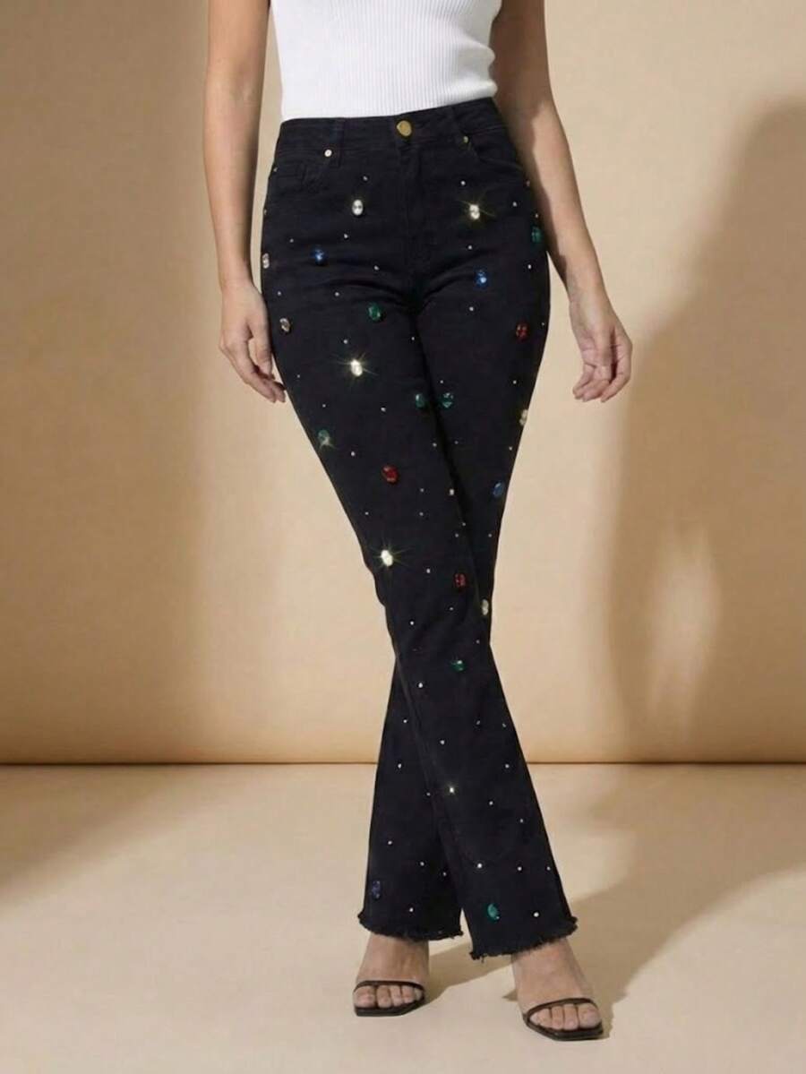 pthirillo Women's Black Flare Jeans With High-Waisted Butt-Lifting Effect And Rhinestone Detail. - 彩色水鑽和水鑽混合物 - 查看 1