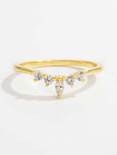 1pc Elegant Chic Shiny Minimalist 925 Silver Cubic Zirconia V Design Ring, Ideal Gift For Women, Suitable For Dating, Party, And Daily Wear