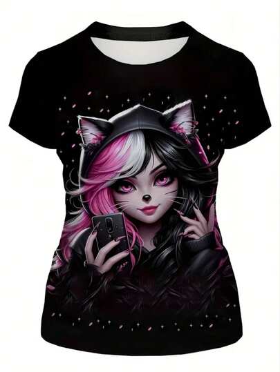 Women's Black Anime Angel 3D Graphic Print Short Sleeve Round Neck Casual T-Shirt, Y2K Streetwear Summer