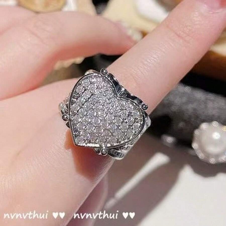 1枚优雅女士戒指，铜镶嵌锆石戒圈，心形戒指，全钻戒指，心形戒指 - 彩色 - 查看 1