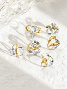 6pcs Stainless Steel 18K Gold Plated Layered Rings, Ins Style, Gold Rings, Bohemian, Women Jewelry, Gift, Elegant Rings - Multicolor - View 1