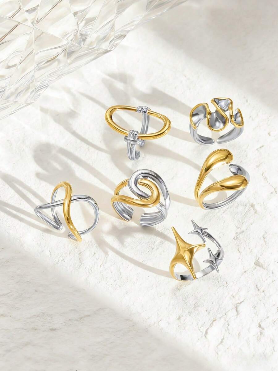 6pcs Stainless Steel 18K Gold Plated Layered Rings, Ins Style, Gold Rings, Bohemian, Women Jewelry, Gift, Elegant Rings - Multicolor - View 1
