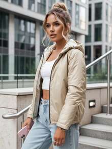 女士雙面短款絎縫外套，附可拆卸帽子；女士過渡季拉鍊外套；輕便絎縫外套，下擺可調節，內外口袋；女士日常雙面絎縫外套，帶可調節帽子 - 白色 - 查看 3