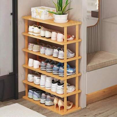 1pc, Elegant Multi-Functional Multi-Layer Bamboo Shoe Rack/Bookshelf With Natural Wood Grain Finish - Space-Saving, Easy To Assemble, Suitable For Dormitories, Hallways, And Kitchens - Stylish Square Storage Rack For Sneakers, High Heels, And Stilettos.