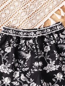 2件套女童休闲碎花图案罩衫套装，含上衣和裤子，春夏款 - 黑色 - 查看 5