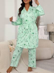 Plus Size Casual Pajama Set, Women's Floral & Butterfly Print Long Sleeve Belted Robe & Cami Top & Pants Lounge 3pcs Set For Fall & Winter - Light Green - View 4