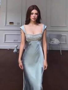 Ladies And Gentlemen, Sexy Banquet Parties, Street Women's Clothing, Elegant Temperament, Strapless Strapless Backless, Hot Pressed Diamond Waist Long Dress For Women - 藍色 - 查看 3