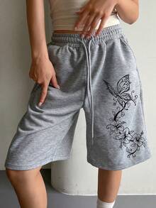 女士蝴蝶印花百搭休闲短裤 夏季 - 淺灰色 - 查看 1