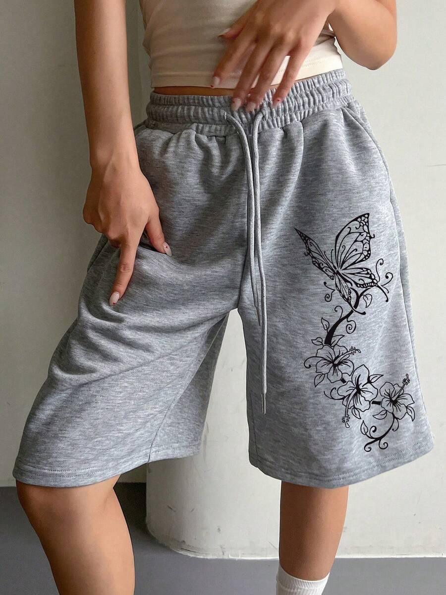 女士蝴蝶印花百搭休闲短裤 夏季 - 淺灰色 - 查看 1