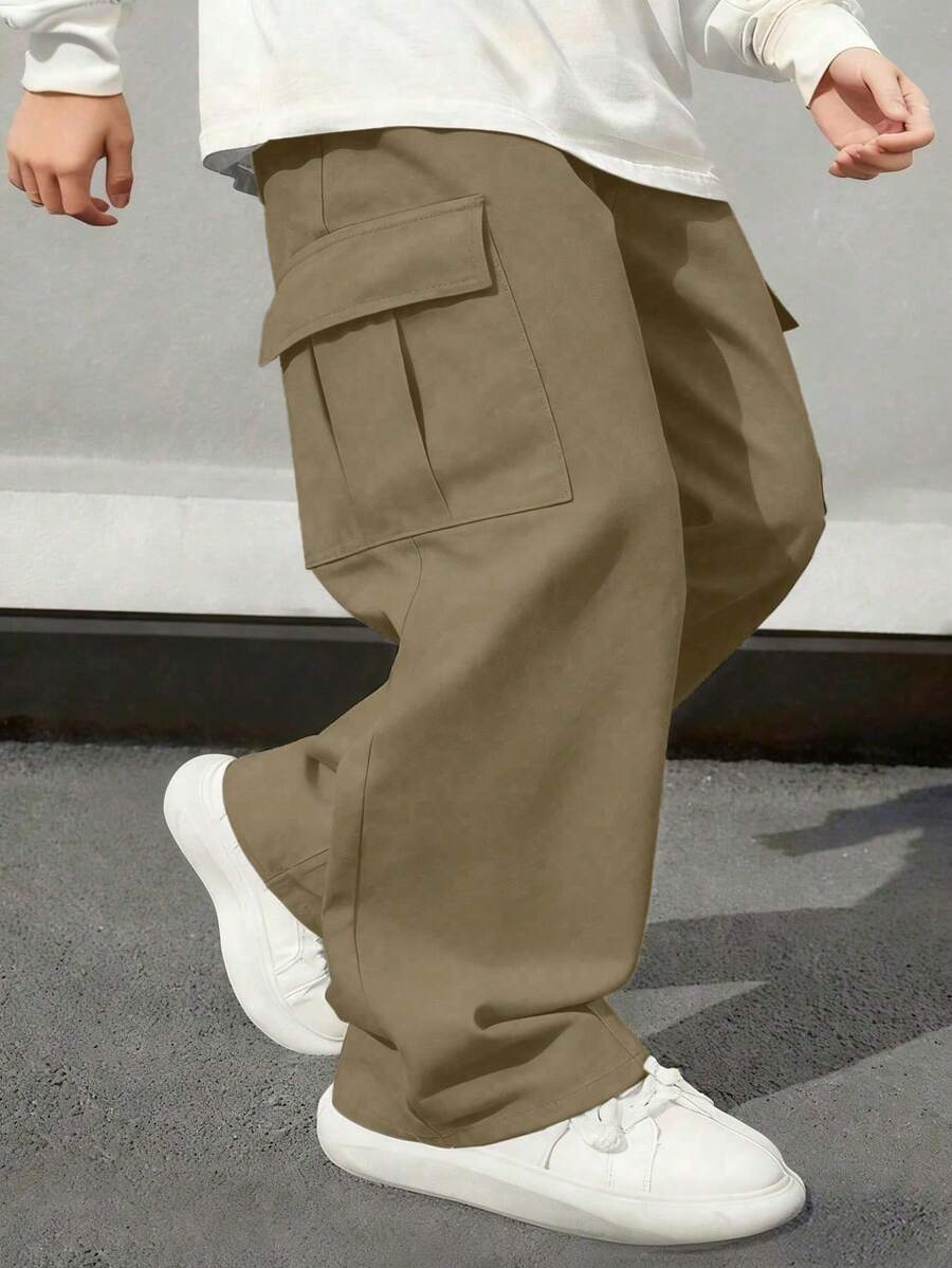 1 pieza Pantalones cargo de unicolor cómodos y versátiles para niño pequeño - Camel - Ver 1
