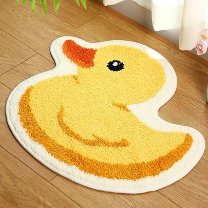 1pc Funny Cartoon Duck Shaped Mat, Faux Wool Printed Carpet, Bathroom Floor Mat, Area Decor Rug, Asymmetrical Yellow Duck Shaped Carpet, Suitable For Home Decor, Bedroom Bedside Rug, Soft Washable Bathroom Mat
