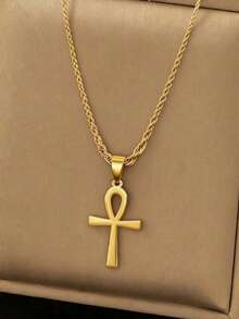 1件男士时尚金色十字架吊坠项链，低过敏性，高品质，不褪色不锈钢绳链首饰，埃及生命象征宗教护身符，嘻哈街头风格日常佩戴派对配饰，高抛光耐用光滑表面，简约美学，适合约会/派对/休闲佩戴，节日礼物，男友/兄弟生日礼物。 - 金色 - 查看 2