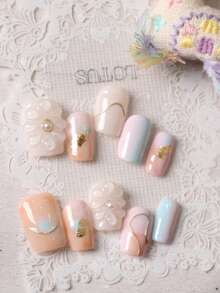 10片装粉蓝光晕大花美甲贴片，短款办公日常佩戴假指甲套装，包含1张粘性贴片和1个迷你指甲锉。 - 彩色 - 查看 1