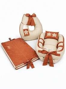 3-Piece Set: Baby Nest Reducer + Nursing Pillow With Towel + Waterproof Changing Mat With Embroidered Appliqué - 紅陶 - 查看 2
