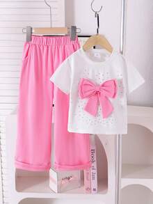 2pcs Young Girls Casual Cute Rhinestone Decor Short Sleeve T-Shirt + Pants Set, Lightweight Spring/Summer, Teenage Casual - White - View 1