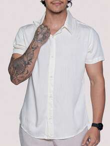 Kit 3 Men's Short Sleeve Linen Shirts Viscolinho Fresca Social Fashion Elegant Italian Collar - Kem/Nâu/Xanh lá - Xem 2