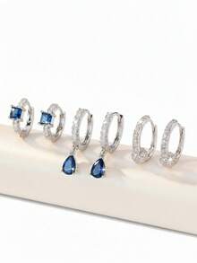 Hihho 三件套铜镶嵌锆石耳环，简约气质，高端质感，多元素耳扣，耳环，时尚百搭的女士耳环套装，适合作为母亲节礼物 - 彩色 - 查看 4