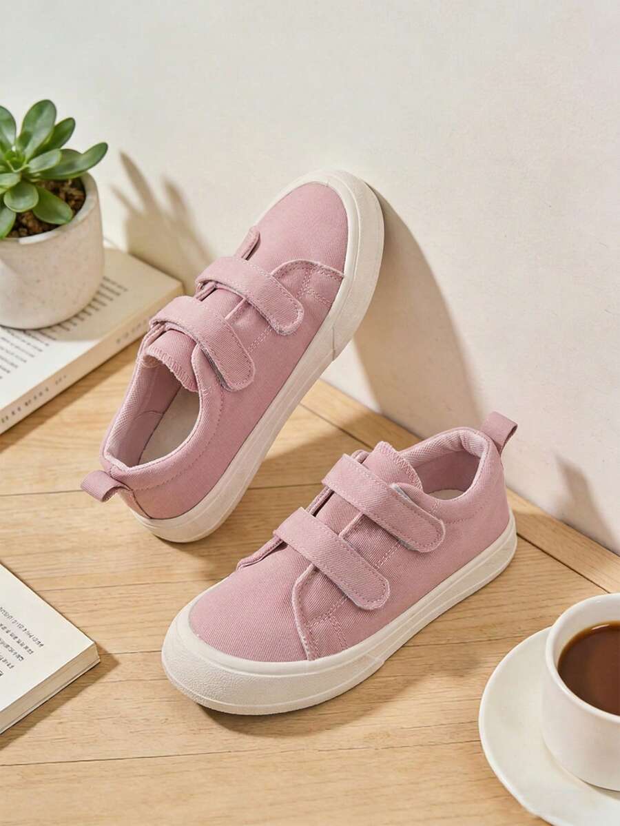 1 Pair Toddler Girls Pink Double Strap Canvas Sneakers Hook & Loop Round Toe Low Top Flat Casual Shoes For Daily School - Pink - View 1