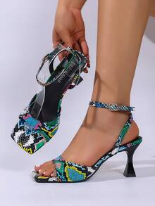 Giày sandal cao gót mũi vuông cho nữ, giày cao gót hở gót buộc dây mùa hè thanh lịch, giày bít mũi da bóng màu nude khoét rỗng gợi cảm. - Họa tiết trăn xanh - Xem 14