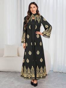 Women's Elegant Black & Gold Printed Long Dress - High Neck, Bell Sleeves, Fitted Silhouette, Suitable For Spring/Autumn Party, Gathering And Holiday Celebration - Black - View 4
