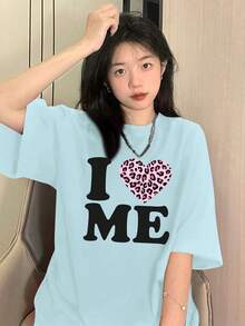 Kaos Lengan Pendek Motif Cinta, Atasan Kasual Longgar Serbaguna, Koleksi Musim Panas Terbaru - Biru muda - View 4