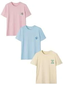 3pcs/Set Summer New Casual Sweet Sea Turtle & Letter Print Round Neck Short Sleeve T-Shirt, Fashionable & Versatile Women Tops - Light Blue, Pink, and Apricot - View 4