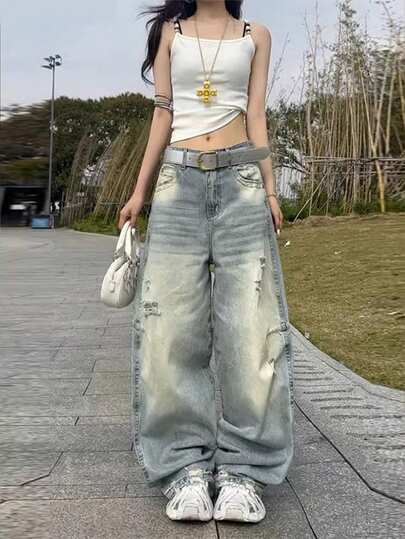 1pc Fashionable Loose Fit Distressed Patchwork Wide Leg Jeans, Comfortable High Street Casual Denim Pants, Versatile For All Seasons (Belt/Accessories Not Included) Spring