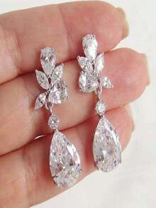 1pair Women Water Drop Shaped Rhinestone Decor Luxury Bridal Earrings For Wedding Royal. Valentine's Day Accessories - Silver - View 5