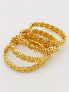 1pc 24K Gold Plated Middle Eastern Style Four-Leaf Flower Bangle Bracelet, Luxury African/Nigerian Women's Wedding Party Accessory, Bohemian Jewelry - Gold 5 - View 7