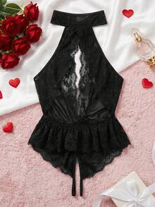 一件性感黑色蕾丝露背连体裤，配有圆形扣带 - 黑色 - 查看 2