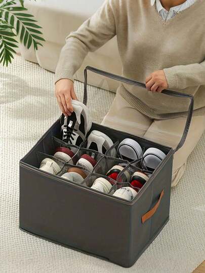 Caja de zapatos plegable de tela, con capacidad para 12 o 16 pares de zapatos, caja de zapatos de tela de gran capacidad con tapa, divisor ajustable, caja de almacenamiento de zapatos a prueba de polvo y humedad, lavable y de uso múltiple, adecuada para el hogar, la escuela y el dormitorio